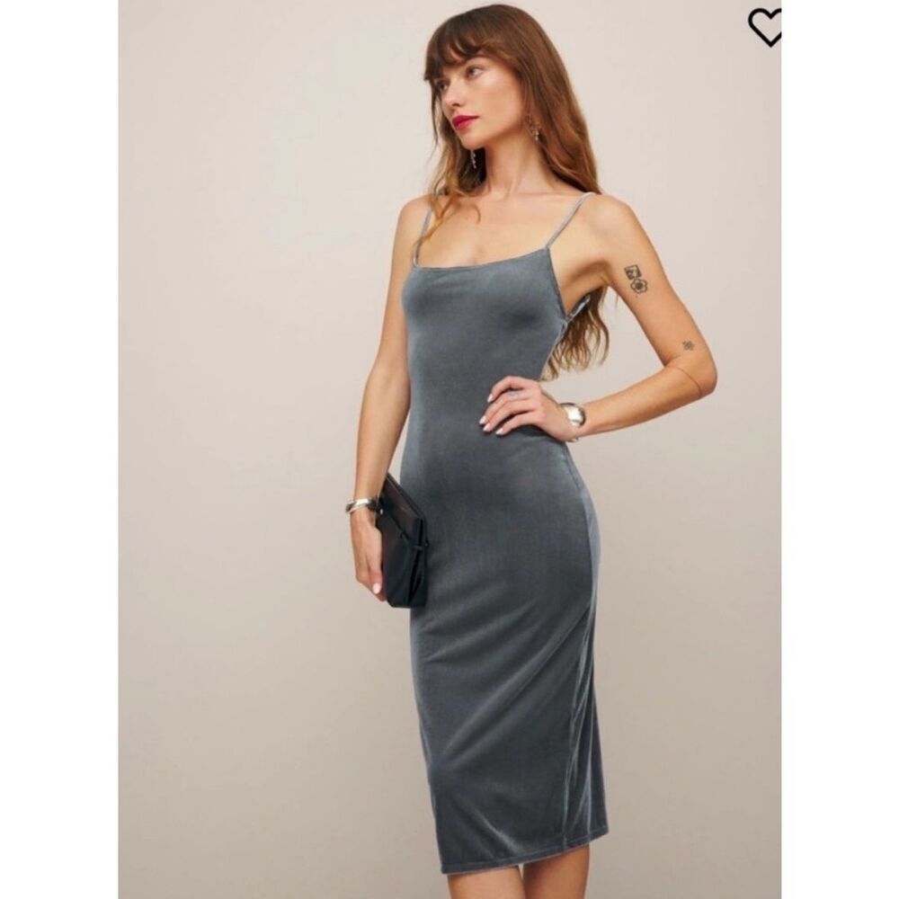 Reformation Merel Silver velvet slip midi dress M
